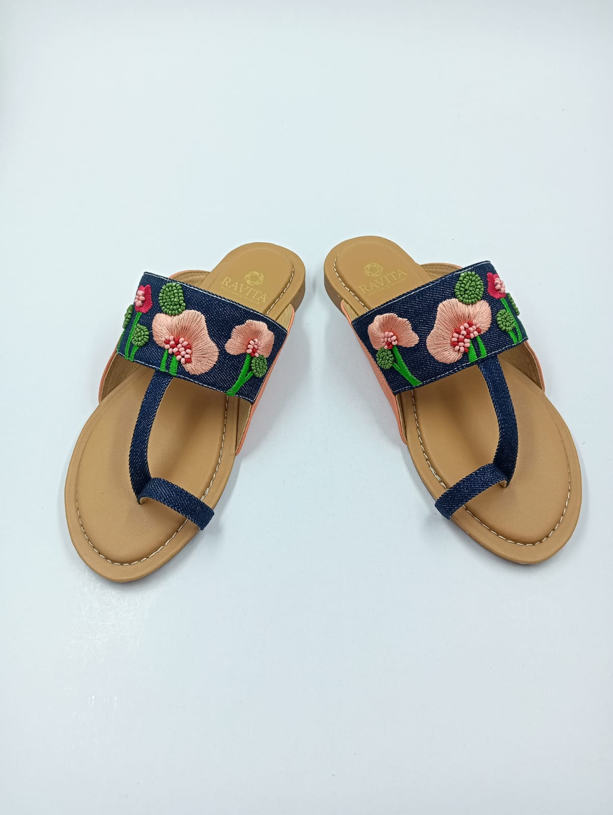 Multi-Color Floral Embroidered Dark Denim Toe-Ring Kolhapuri Chappal