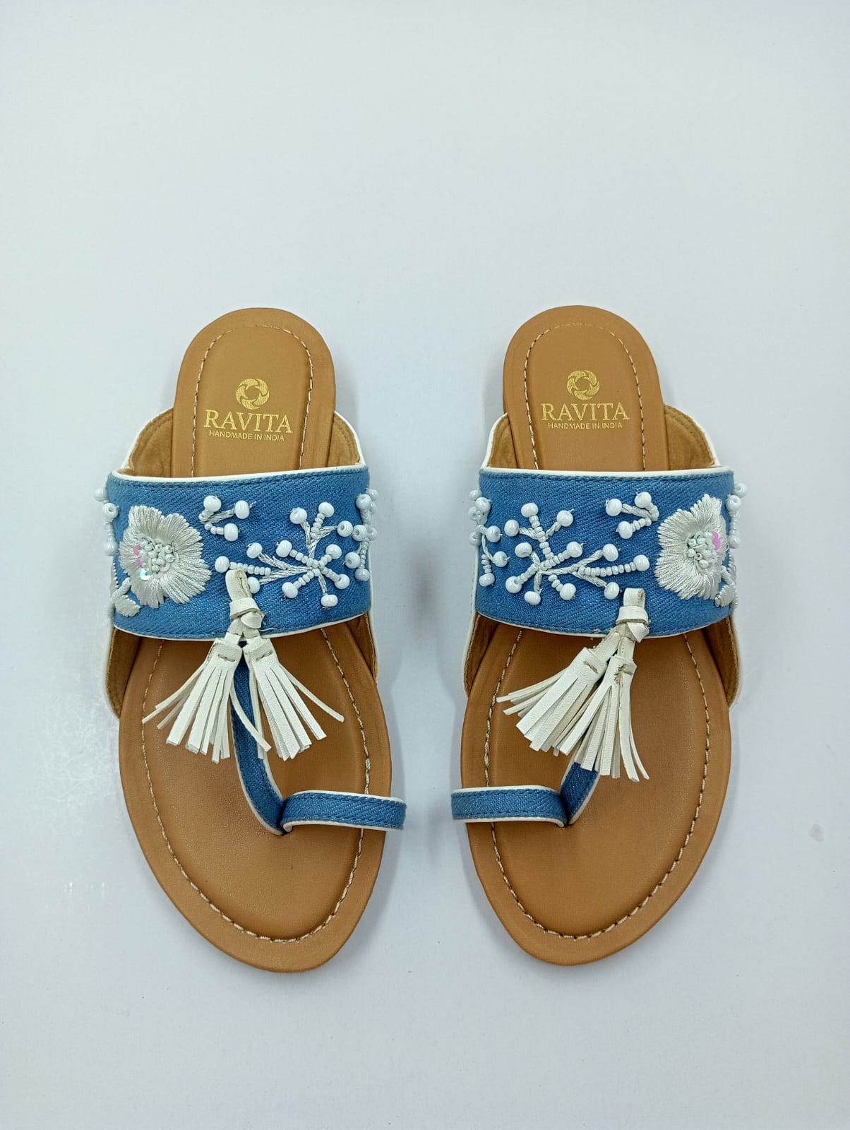 White Floral Embroidered & Beaded Denim Toe-Ring Kolhapuri Chappal