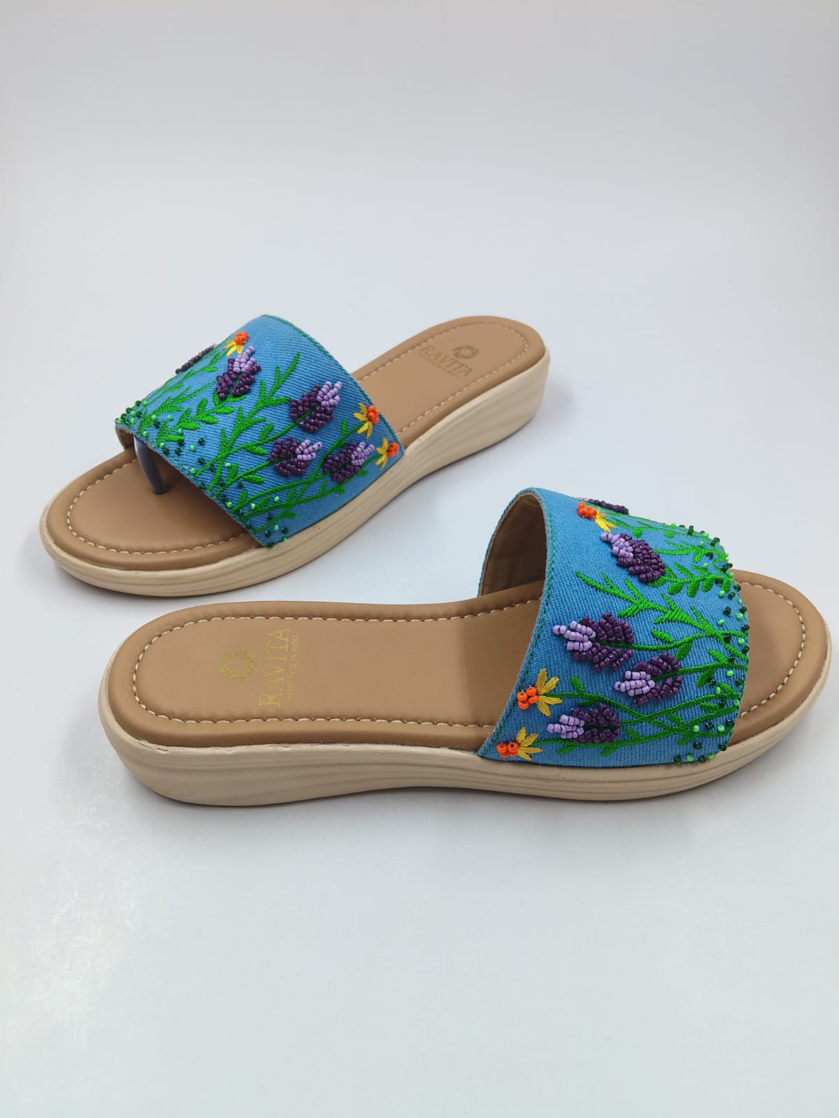 Lavender Floral Embroidered Denim Toe-Thong Sandals
